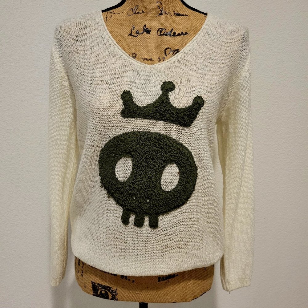 Semi Sheer White Sweater with Embroidered Skeleton Head with Crown
